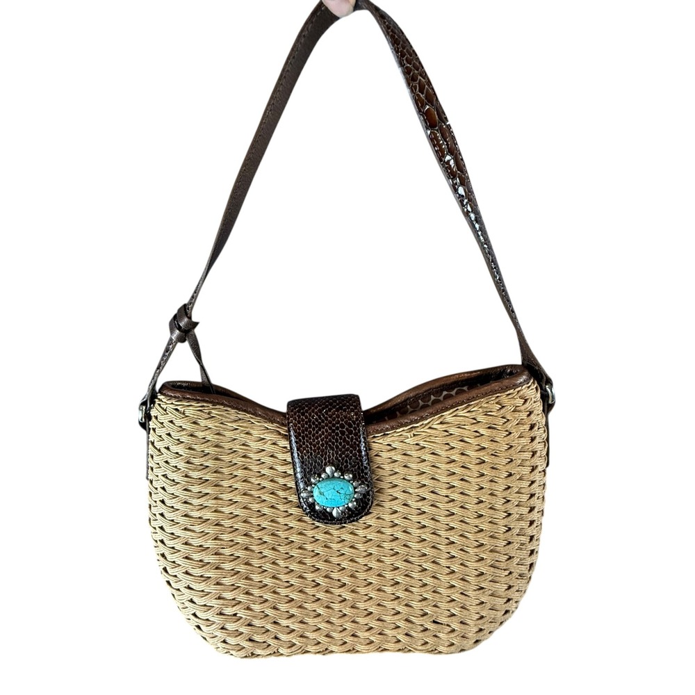 Brighton Straw Shoulder Bag Womens Tan Brown Turquoise Concho Heart Charm